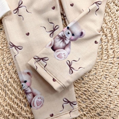 Conj. Batinha Gola Bordada Ursinhas e Calça Legging - Off White e Areia